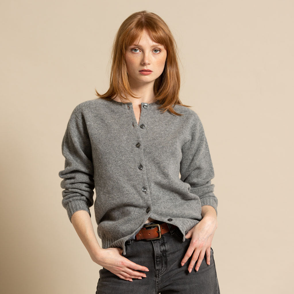 CREW NECK CARDIGAN SILVER GREY - GREEN THOMAS