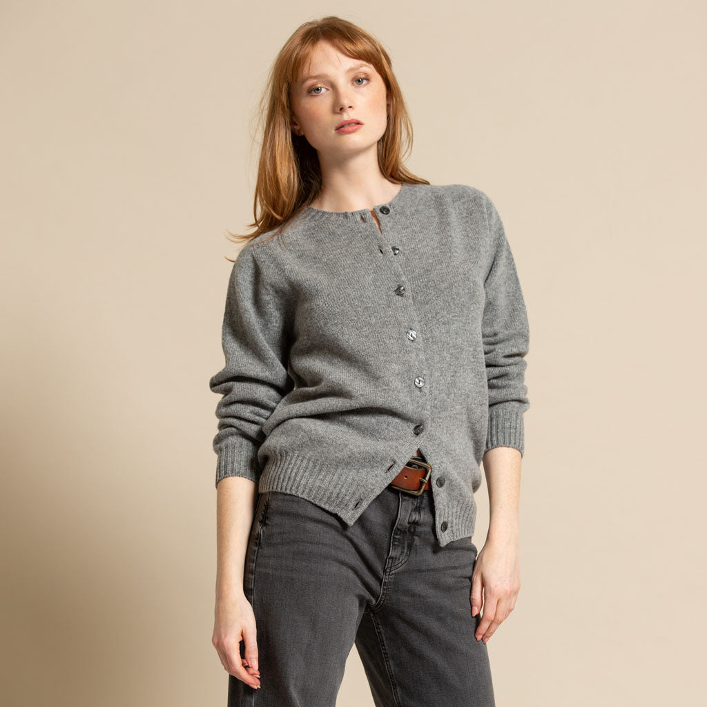 CREW NECK CARDIGAN SILVER GREY - GREEN THOMAS