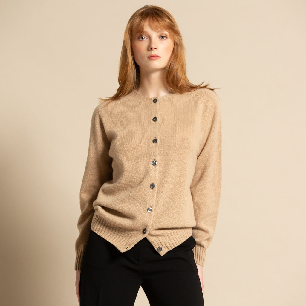 CREW NECK CARDIGAN CAMEL - GREEN THOMAS