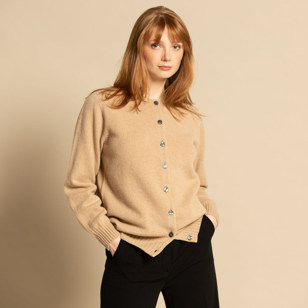 CREW NECK CARDIGAN CAMEL - GREEN THOMAS