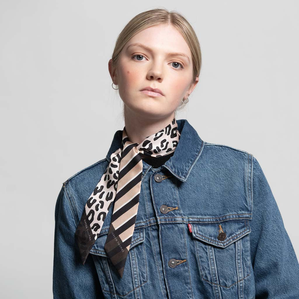 BIG CAT SILK RIBBON SCARF BLACK OYSTER - GREEN THOMAS